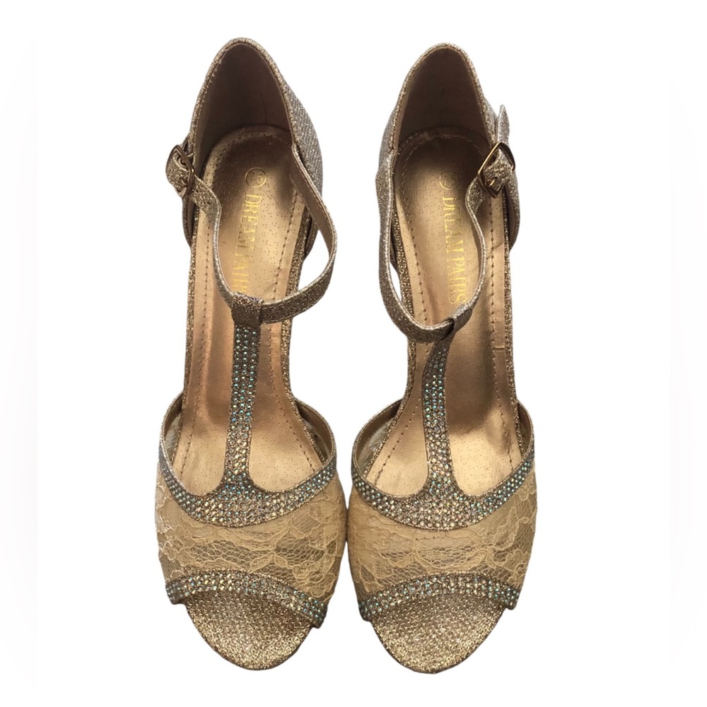 Dream Paris Amore 2 Gold Open Toe Sparkly Lace Heels